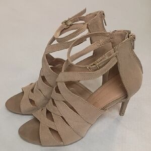 Christian Siriano Nude Suede Strappy High Heel Sandals